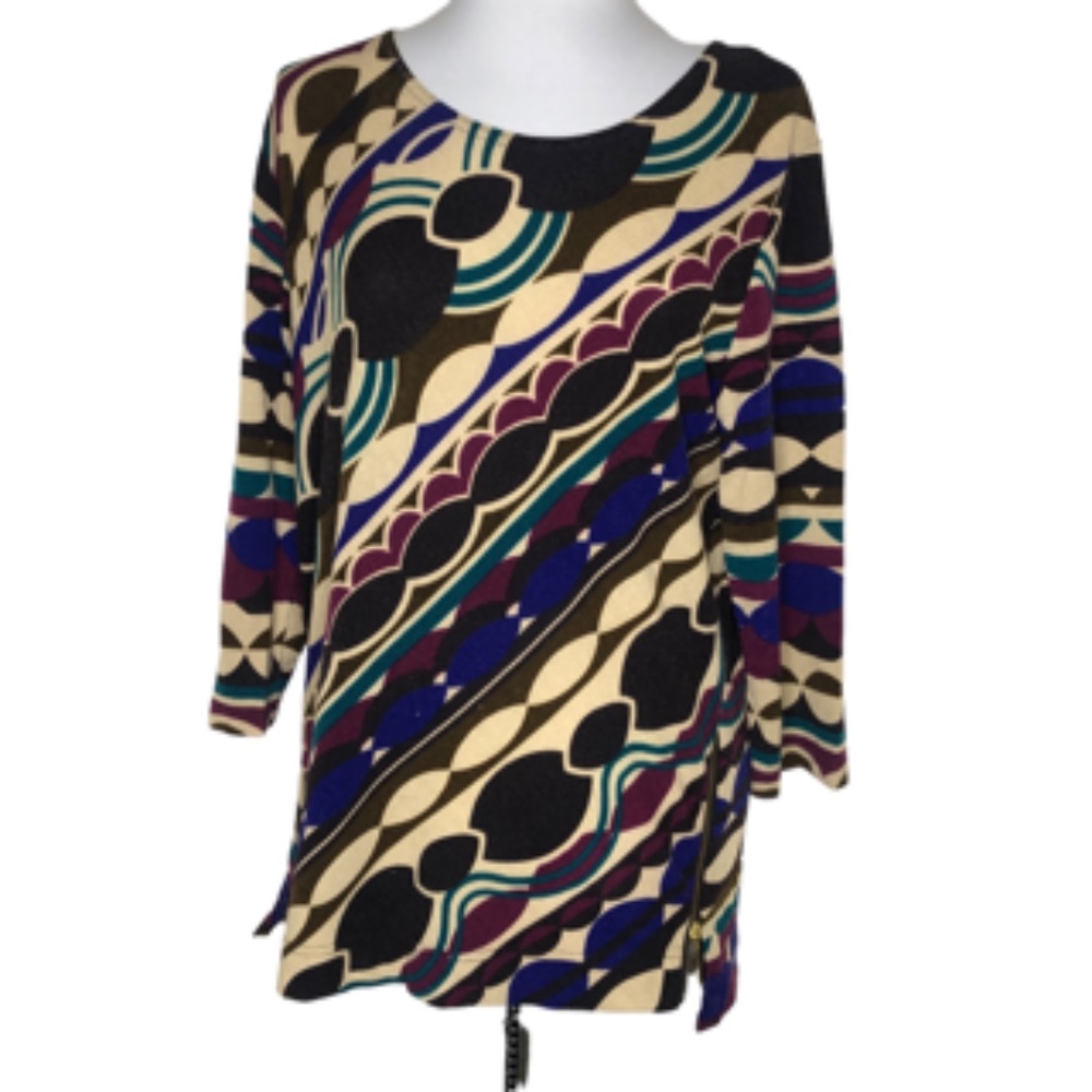 No Brand Label 1/4 Side Zip Abstract Scoop Neck 3/4 Sleeve Tunic Size L